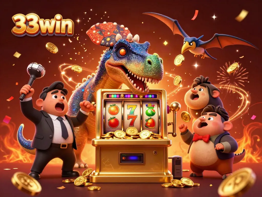 33win jackpots come alive as dynamic characters celebrate big wins at a colorful casino scene.