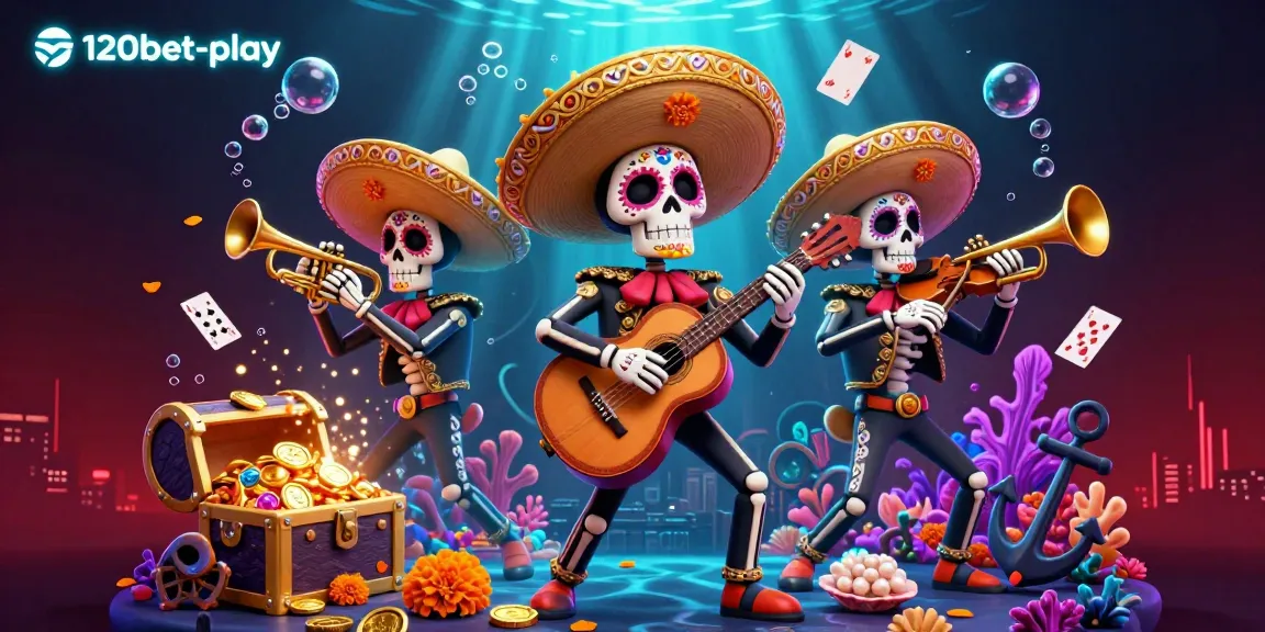 Experience thrilling games at 120bet-play with a vibrant 3D illustration of a mariachi band amidst colorful casino elements.