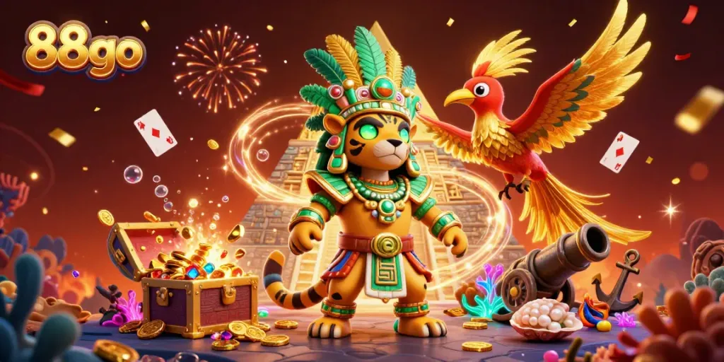 Play immersive games at 88go with a vibrant 3D casino-themed illustration depicting unique animated characters and celebratory elements.