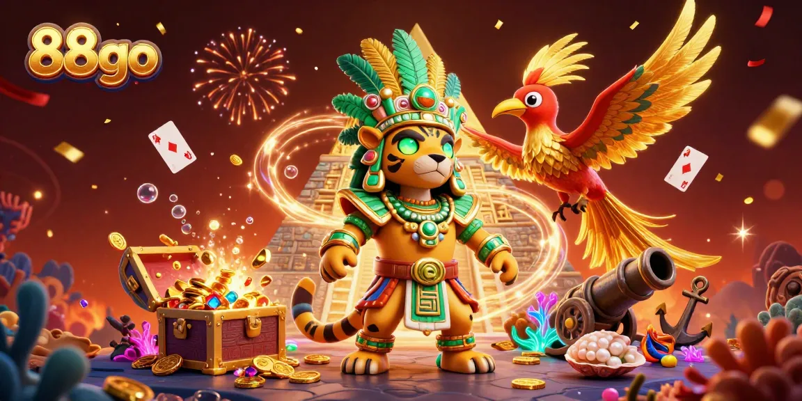 Play immersive games at 88go with a vibrant 3D casino-themed illustration depicting unique animated characters and celebratory elements.