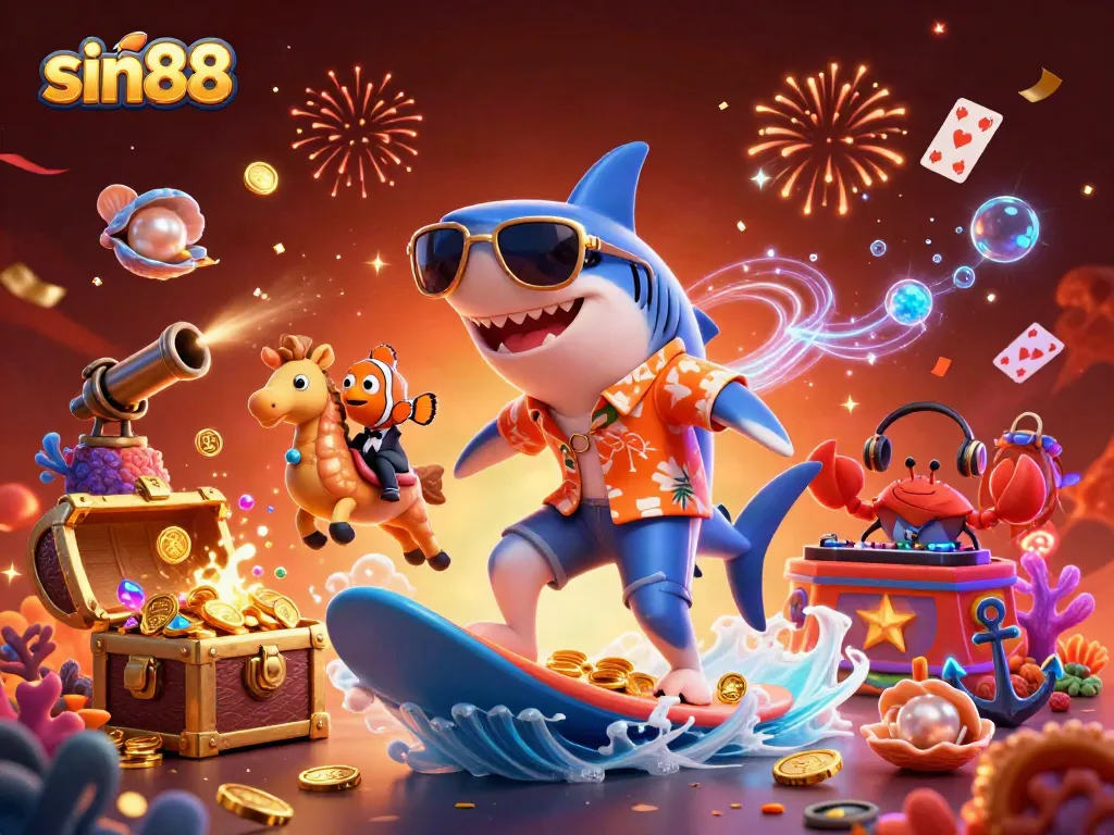 Experience the excitement of sin88 with a vibrant 3D casino scene showcasing a hammerhead shark and friends celebrating among gold coins.