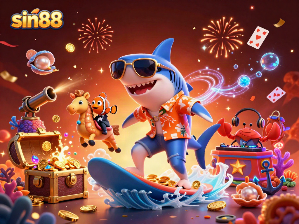 Experience the excitement of sin88 with a vibrant 3D casino scene showcasing a hammerhead shark and friends celebrating among gold coins.
