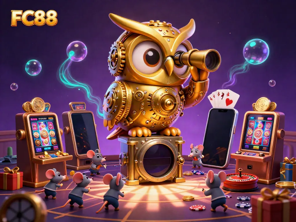 Experience high-stakes gaming at FC88 with an exciting casino scene featuring vibrant characters and slot game elements.