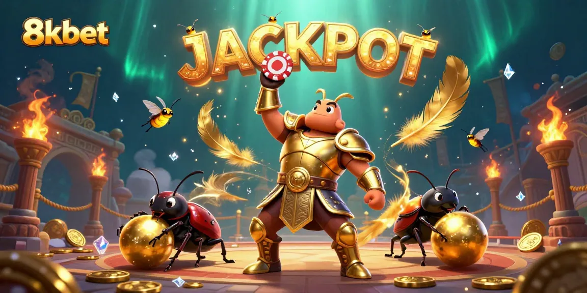 A dynamic scene of 8xbet's gladiator beetle championing victory in an ultra-detailed digital casino world.