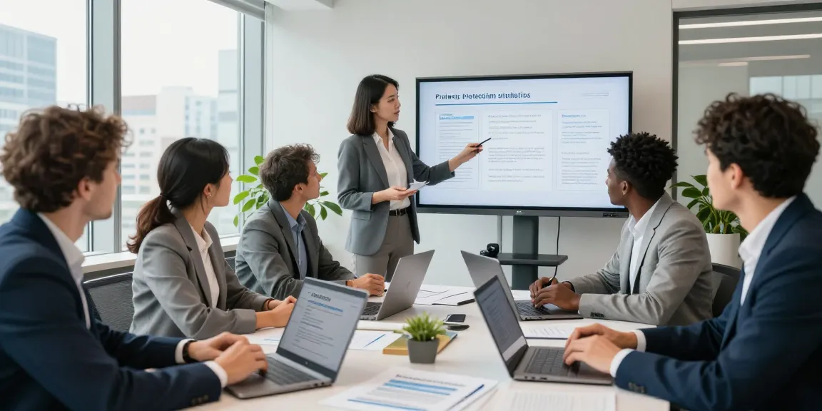 Consultants discussing GDPR strategies in a bright office, showcasing Startseite services.