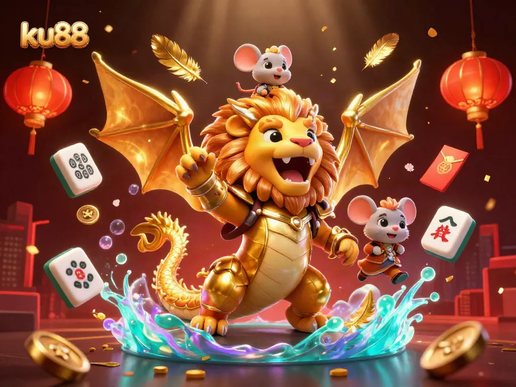 ku88 captivates players with a vibrant casino illustration featuring golden chimera and game elements.