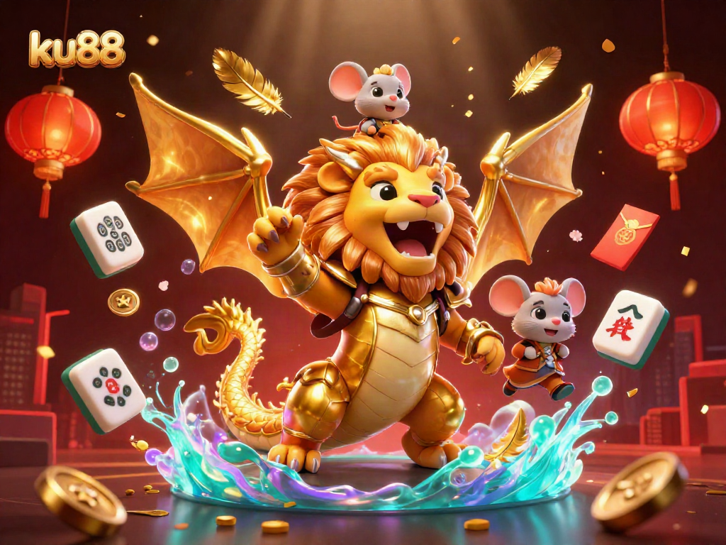 ku88 captivates players with a vibrant casino illustration featuring golden chimera and game elements.