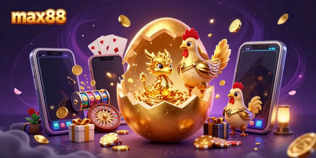 Experience max88 with a vibrant, crystal-gold baby dragon and golden hen amidst dynamic gambling elements.