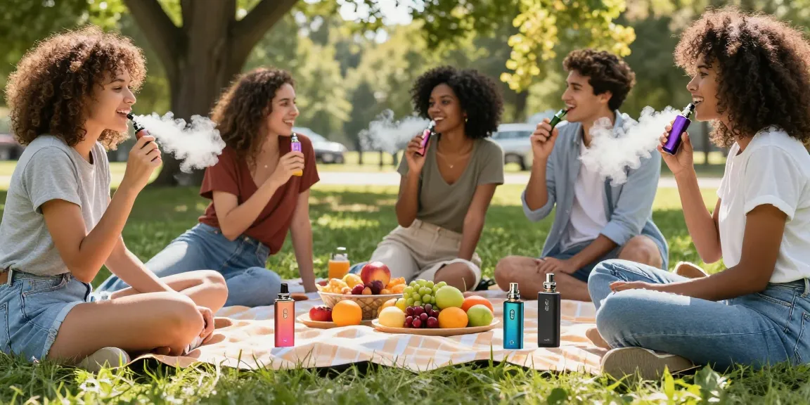 Friends enjoying tragbare vaporizer during a sunny picnic, showcasing social enjoyment and modern vaping culture.