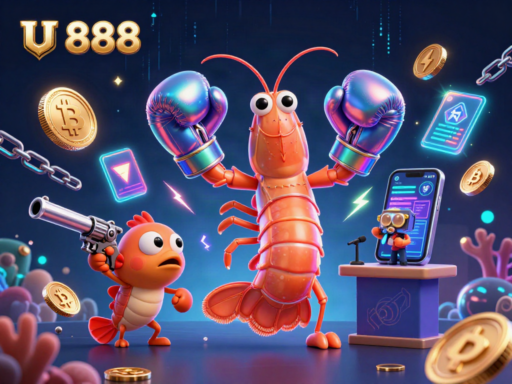 Engage with U 888 in a vibrant 3D scene featuring cartoon marine characters and crypto elements.