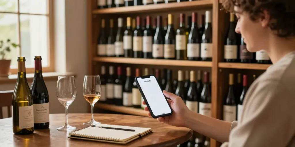 Weinkeller App: Benutzer beim Stöbern in einer Sammlung von Weinen in einem gemütlichen Weinkeller.