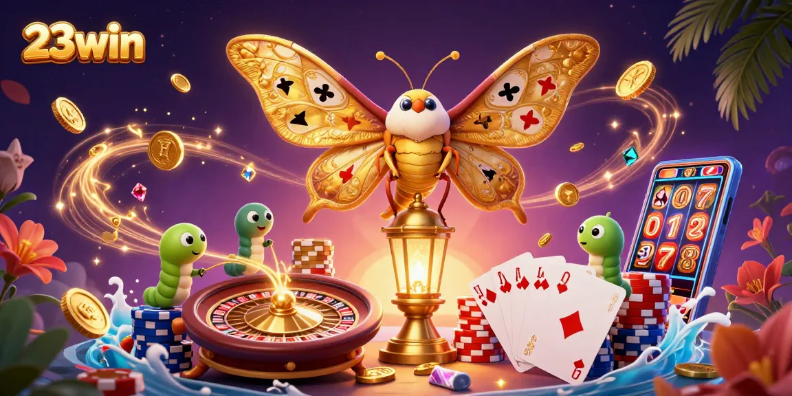 Experience the thrill of 23win with golden coins, vibrant poker chips, and a captivating casino atmosphere.