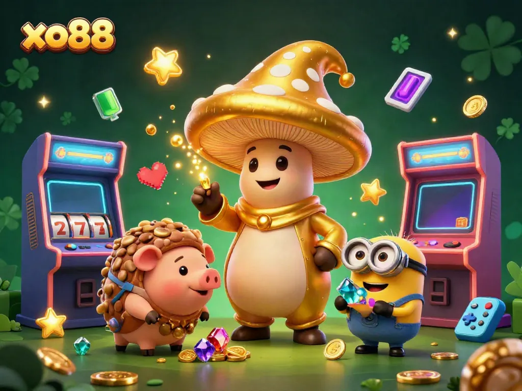 Experience the magic of xo88 with a golden mushroom wizard, slot elements, and treasure all around!