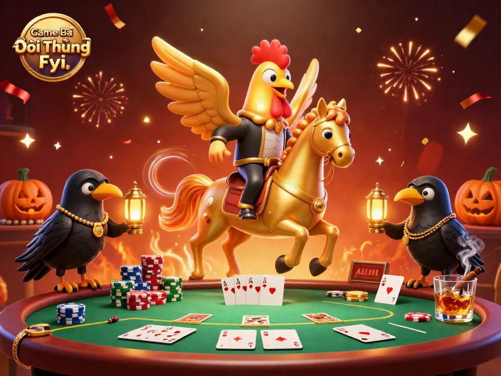 Engaging 3D scene with Game Bài Đổi Thưởng Fyi featuring a golden rooster and poker elements in a vibrant casino setting.