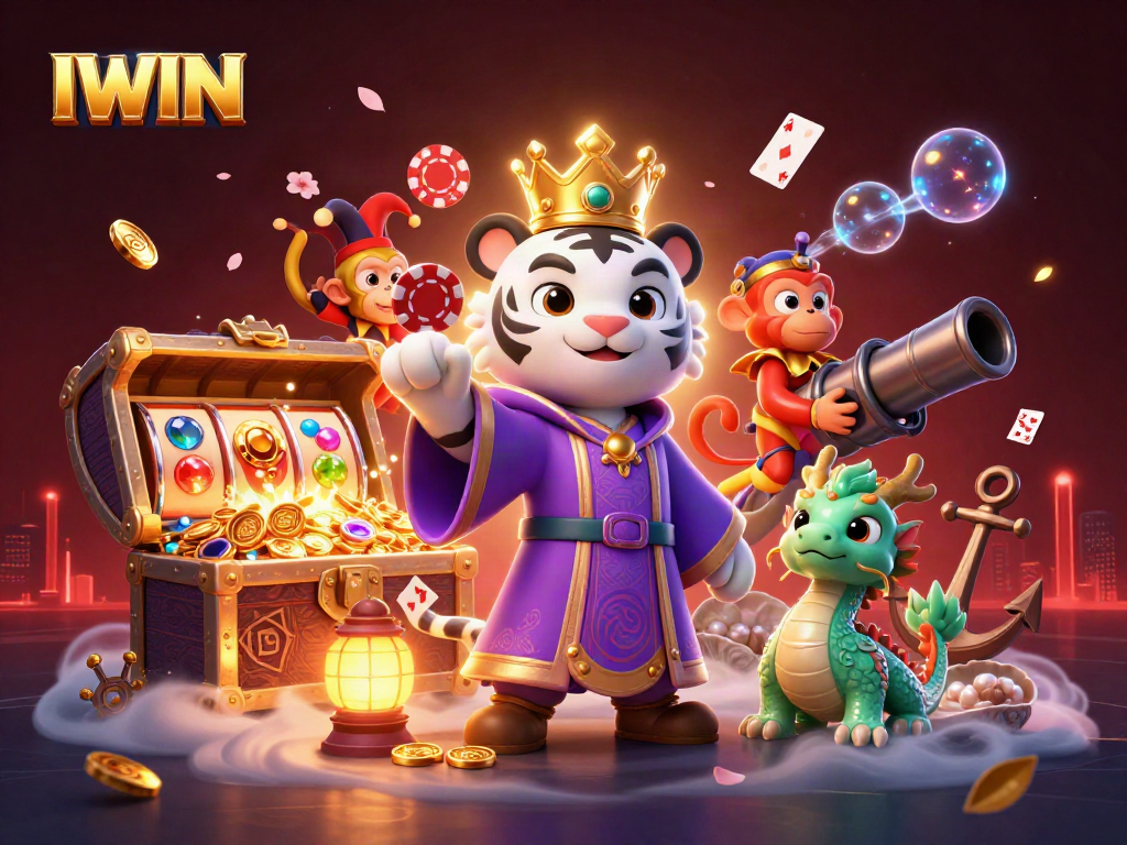 IWIN showcases a vibrant casino scene with a regal tiger, playful monkey, and magical dragon amidst sparkling slots and treasures.
