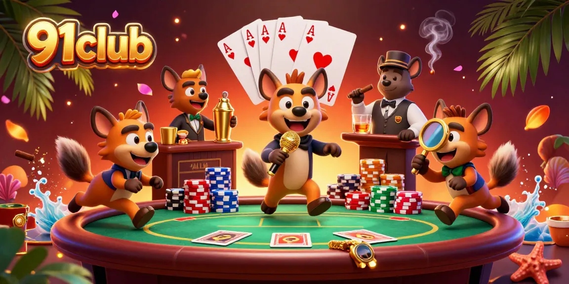 Hyenas entertaining in a vibrant 91club casino scene with poker, drinks, and lively atmosphere.