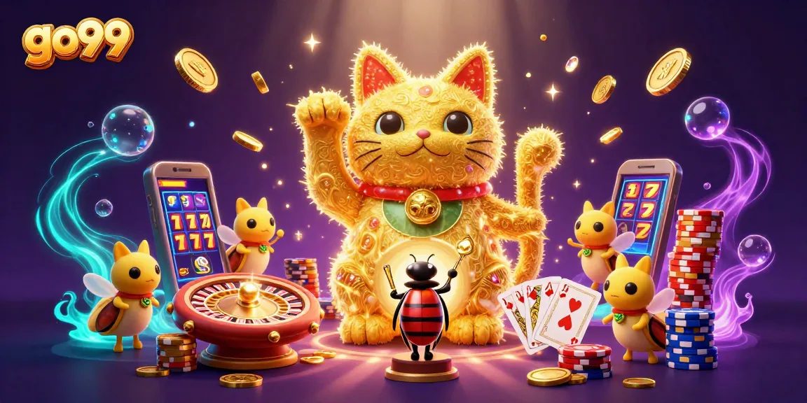 Experience thrilling gaming action at go99 with vibrant casino elements and a lucky cat.