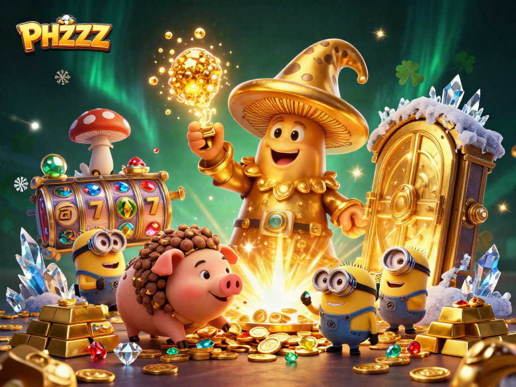 Spin the reels of PHZZZ in a vibrant casino scene filled with gold and treasures.
