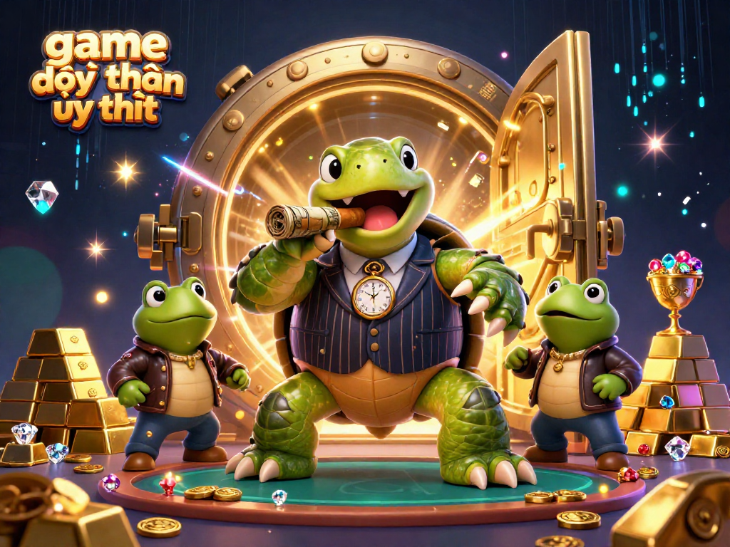 Experience game đổi thưởng uy tín with a colorful illustration of playful casino characters and treasures.