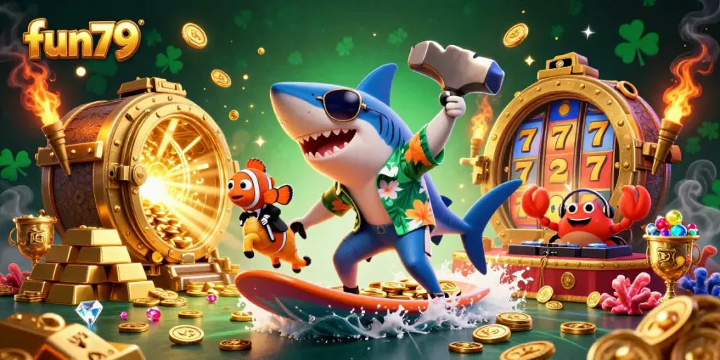 Experience excitement with fun79 as a shark surfs on gold coins amidst vibrant casino elements.