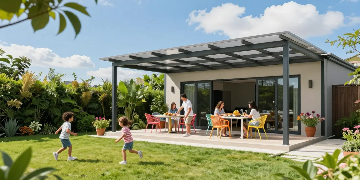 Familie genießt sonnigen Tag unter einer modernen freistehenden Terrassenüberdachung in einem üppigen Garten.