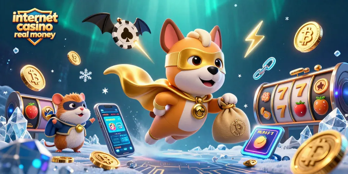Experience the thrill of internet casino real money with a superhero dog and hamster flying amidst colorful slots and crypto coins.