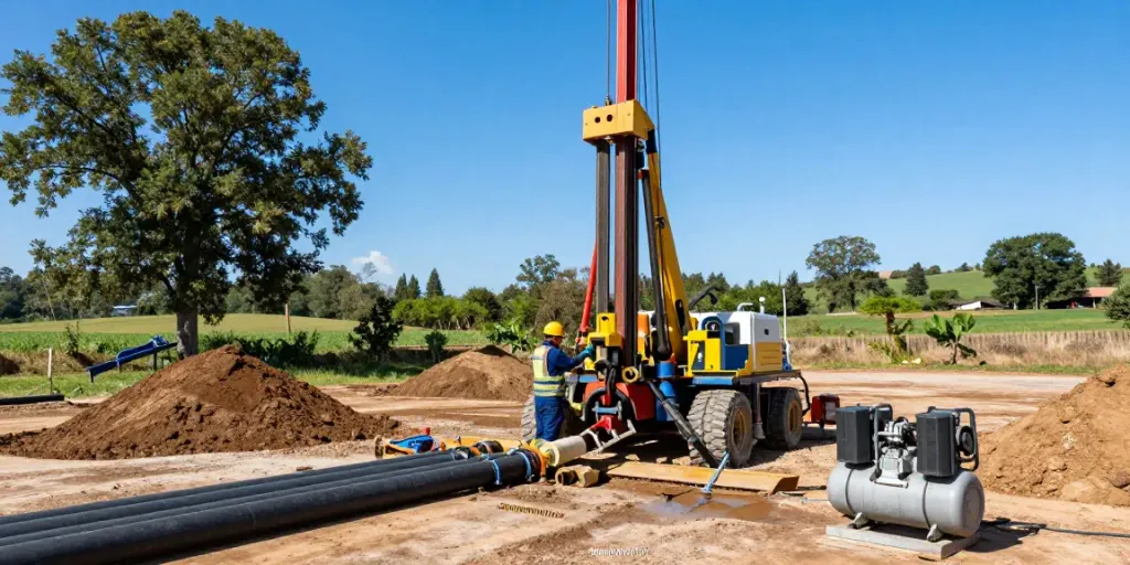 Die Geothermiebohrung zeigt einen Techniker, der eine moderne Bohranlage in einer ländlichen Umgebung bedient.