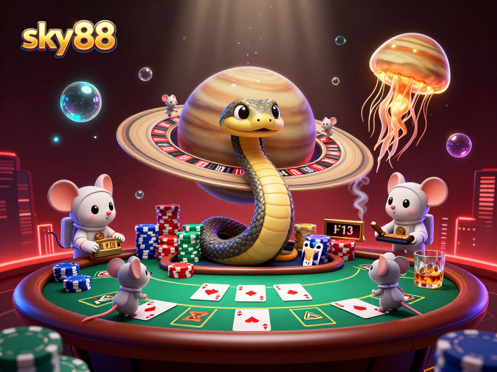 Place bets with sky88’s 3D casino characters in a vibrant space-themed gambling scene.