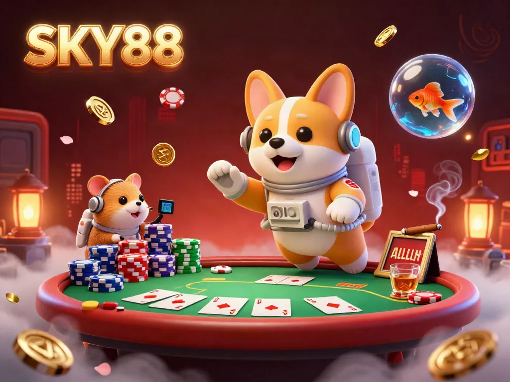 Engaging 3D casino scene featuring SKY88's astronaut corgi character amidst poker chips and vibrant game elements.