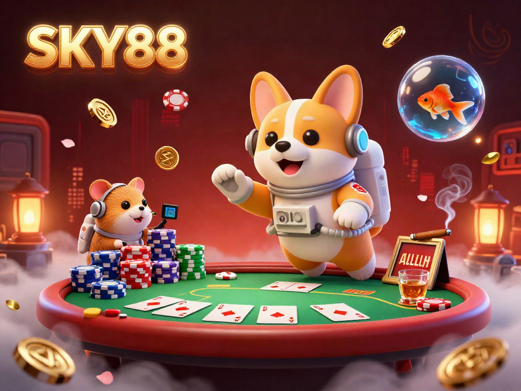 Engaging 3D casino scene featuring SKY88's astronaut corgi character amidst poker chips and vibrant game elements.