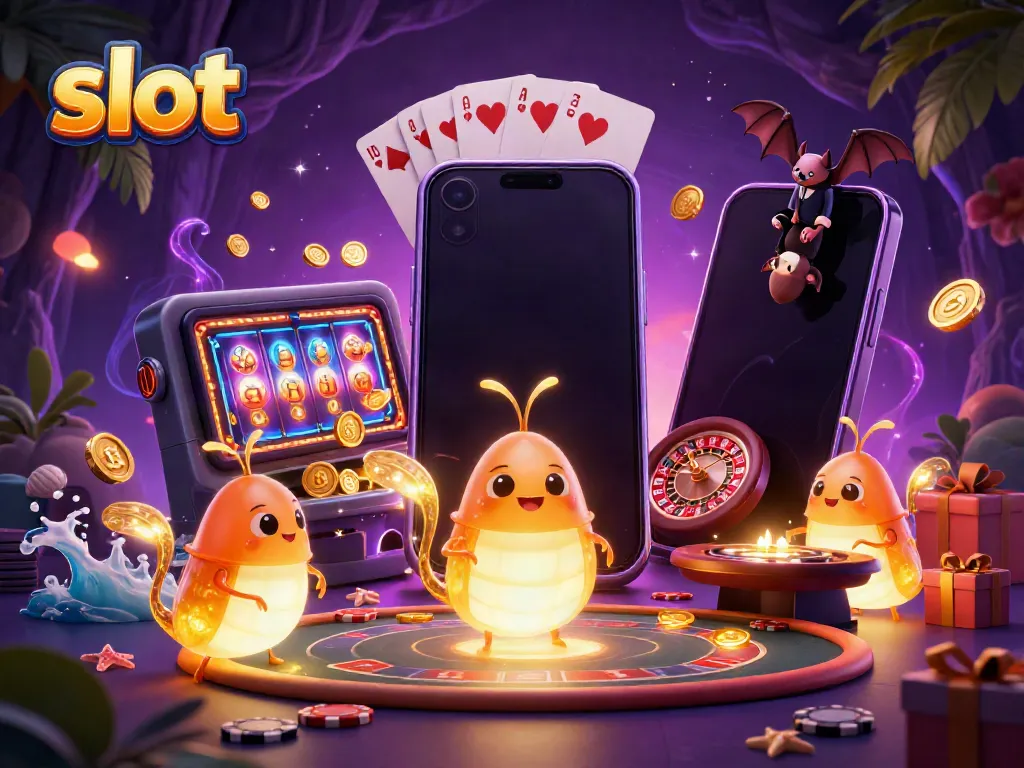 Spin the slot reels with glowing glowworms lighting up a vivid casino scene, showcasing excitement.