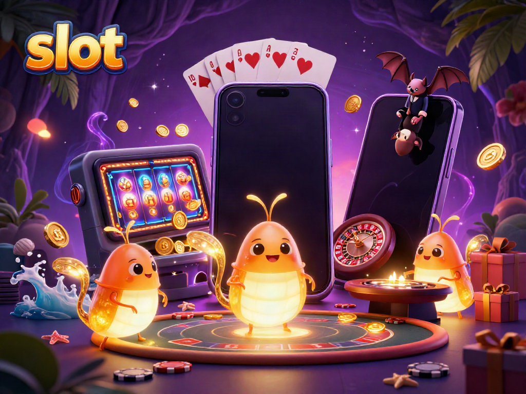 Spin the slot reels with glowing glowworms lighting up a vivid casino scene, showcasing excitement.