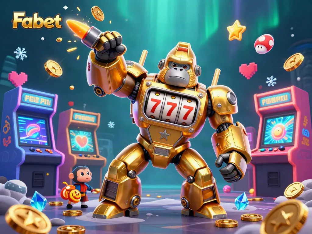 Fabet features a dynamic illustration of a golden gorilla mech attacking with coins, showcasing engaging casino action.