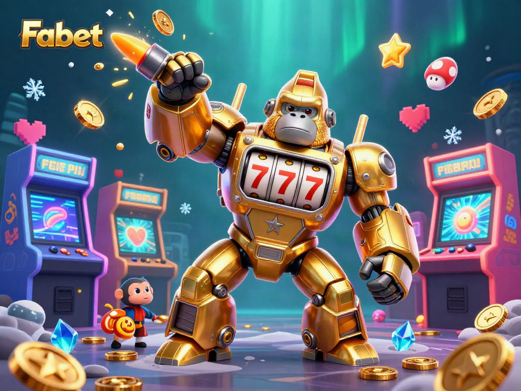 Fabet features a dynamic illustration of a golden gorilla mech attacking with coins, showcasing engaging casino action.