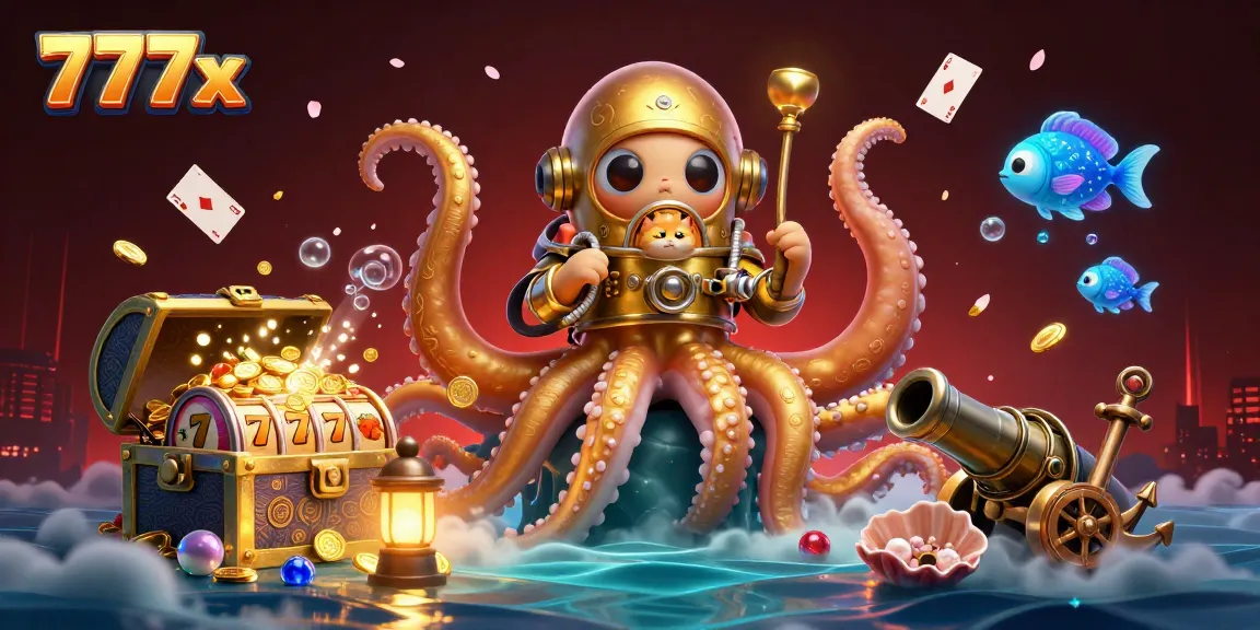 Immerse in 777x's gaming world with a colorful cartoon kraken and treasures!