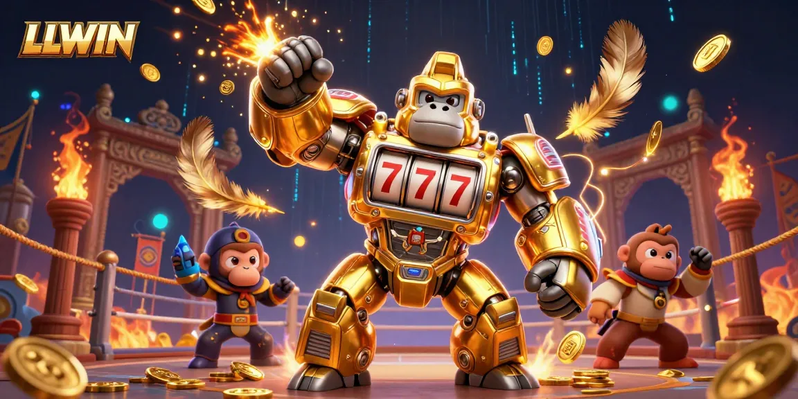Experience thrilling wins at LLWIN with a dynamic golden gorilla mech, surrounded by rich casino visuals.