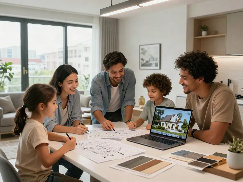 Die Planung des Haus Bau Wien: Familie prüft Architektenpläne am Tisch.
