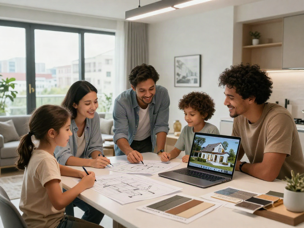 Die Planung des Haus Bau Wien: Familie prüft Architektenpläne am Tisch.