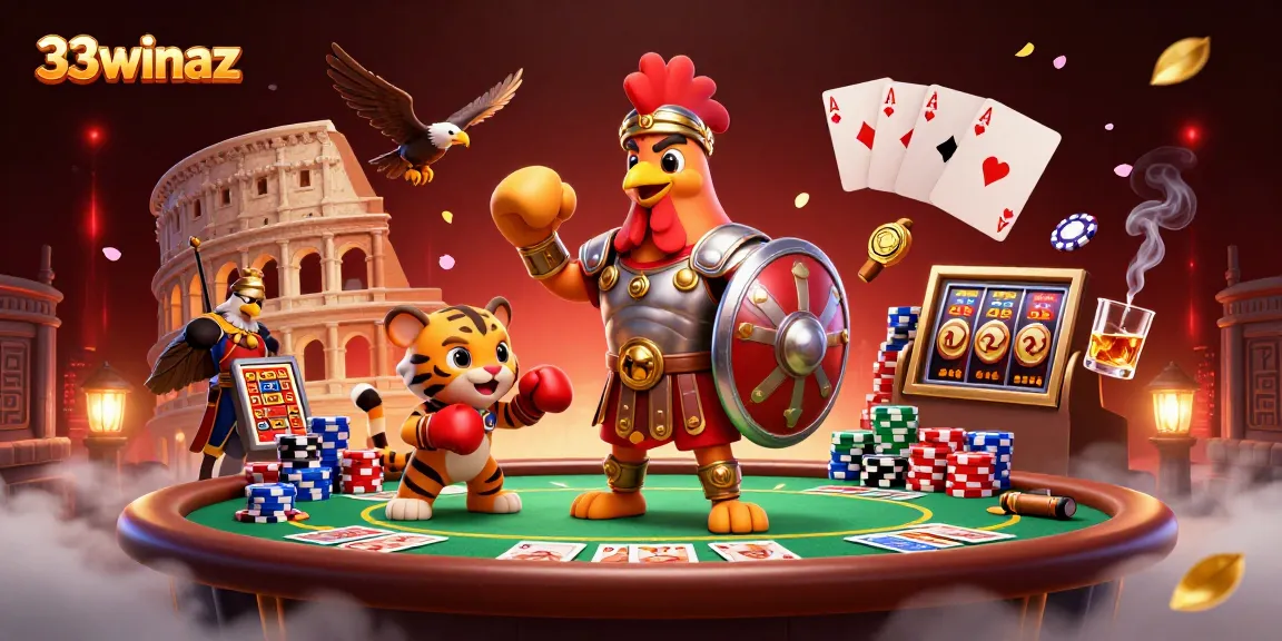Engage with thrilling gambling action featuring 33winaz's adventurous characters in a vibrant casino scene.