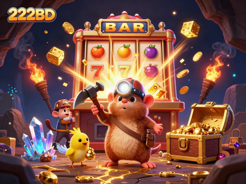 Engage in exciting gameplay with the vibrant 222BD casino scene, featuring a treasure hunter mole and thrilling gaming elements.