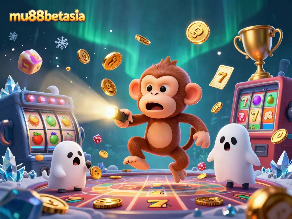 Experience the thrill of mu88betasia with a lively scene featuring a playful monkey and a ghost-hunter puppy in a vibrant casino.