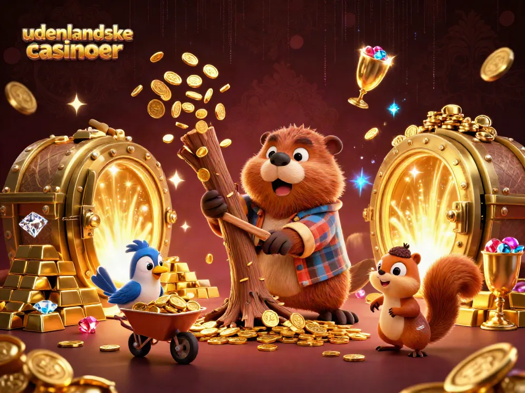 Illustration of udenlandske casinoer with a beaver, bird, and squirrel surrounded by gold coins and treasures.
