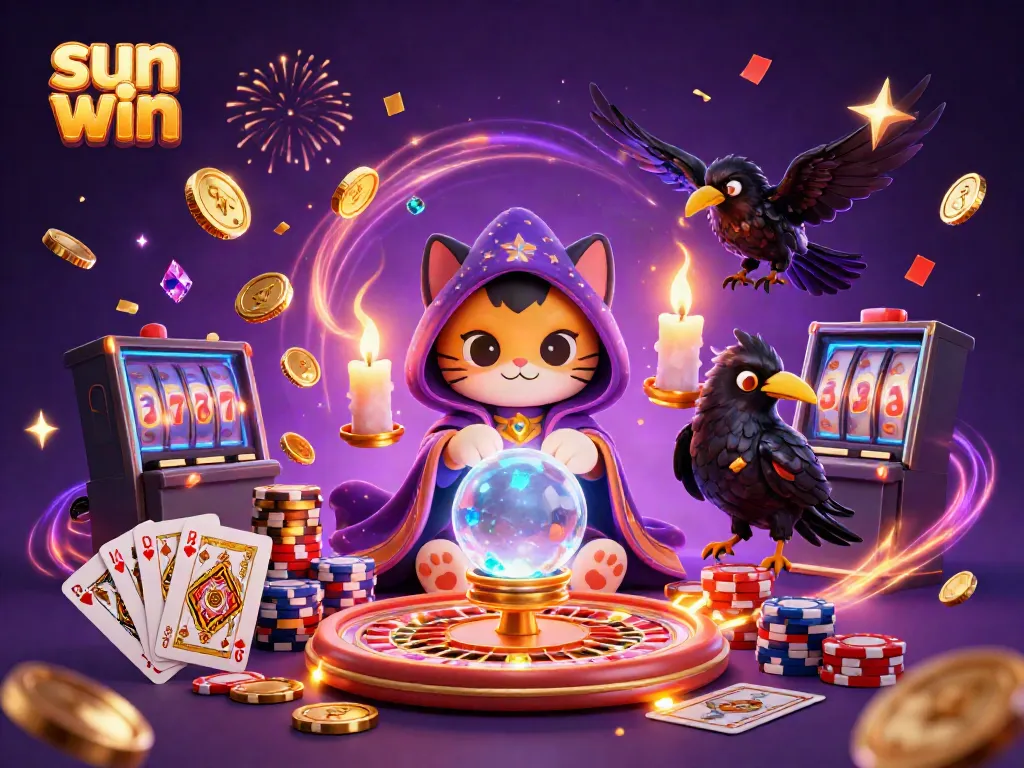 Win big at sun win with a mystical fortune teller cat and vibrant casino elements.