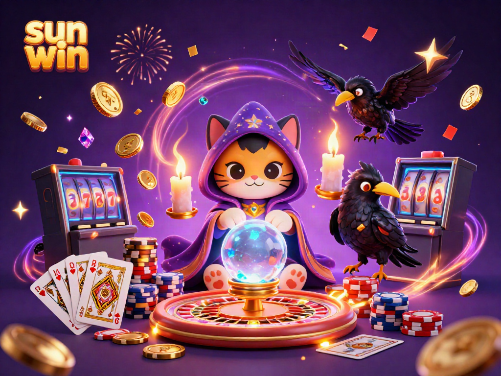 Win big at sun win with a mystical fortune teller cat and vibrant casino elements.