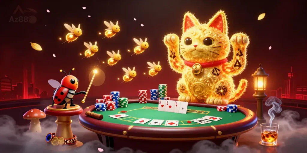 Experience engaging gameplay at Az888 with vibrant casino elements and golden lucky cat imagery.