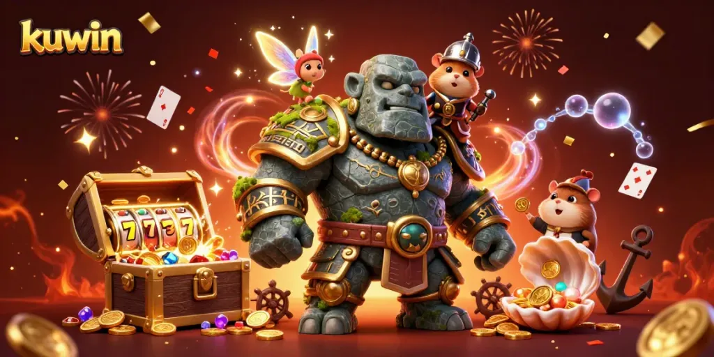 Kuwin brings excitement with a lively golem guardian scene filled with sparkling casino treasures.