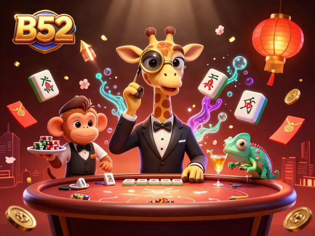 Engage with B52's thrilling casino scene featuring a stylish giraffe, monkey valet, and vibrant gambling elements.