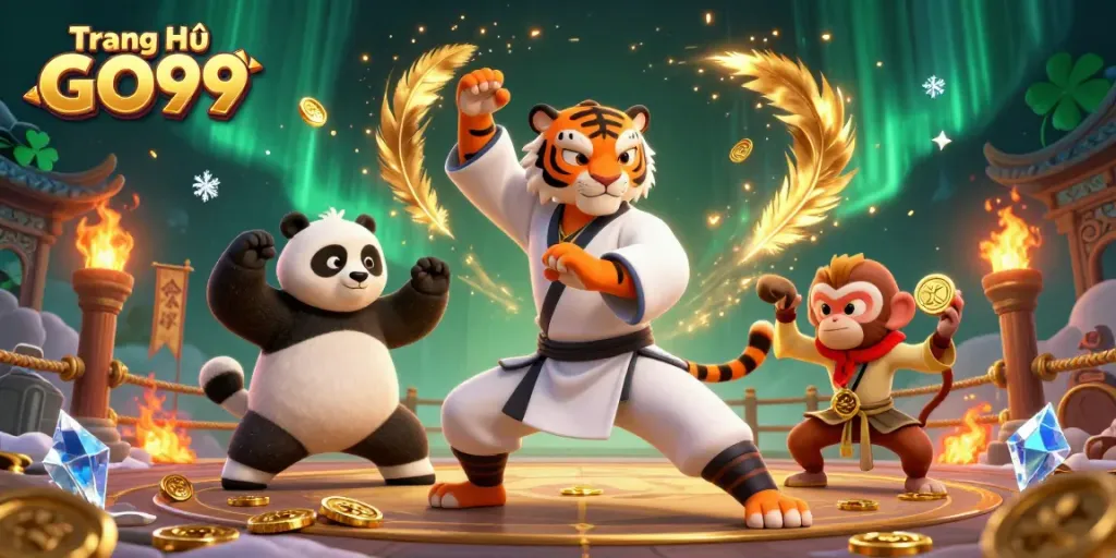 Experience thrilling moments at Trang Chủ GO99 with this colorful illustration featuring playful characters in a rich casino atmosphere.
