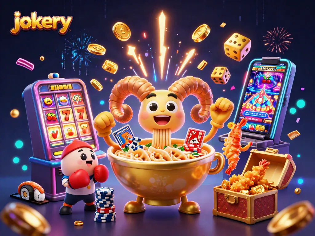 Engaging jokery-themed casino scene featuring a golden ramen bowl character in action, showcasing casino excitement.