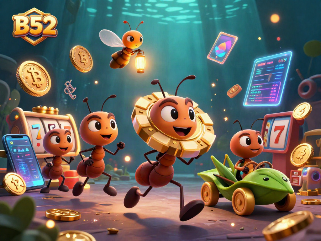 B52-themed ants carrying a poker chip with vibrant casino elements, showcasing gambling fun.